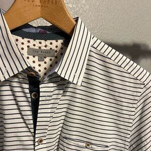 Short Sleeve White Woven w/very thin navy blue rugby stripe